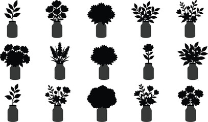 Fototapeta premium Flower arrangement jar silhouettes collection, decorative botanical bouquet foliage vector illustration, nature artwork design graphic - black and white flat vector illustration