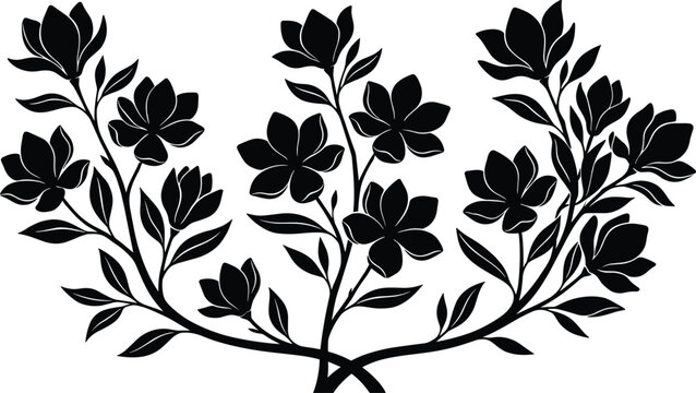 Floral branch silhouettes collection, blossom leaf botanical vector illustration, decorative flower artwork design graphic - black and white flat vector illustration