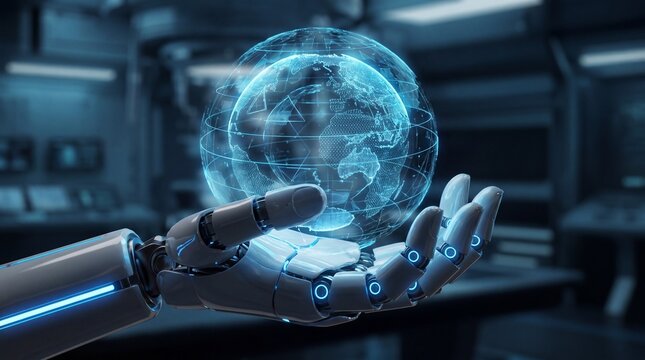 Robotic hand, glowing blue globe, futuristic technology, artificial intelligence concept