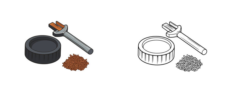 Magnesium fire starter tool illustrations in flat color and line styles with flint rod and tinder pile for camping and survival on white background