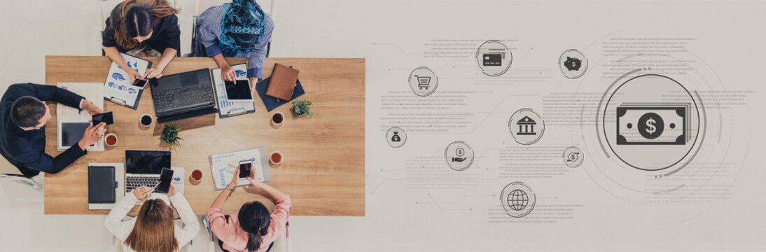 A fintech concept showing a network of digital banking services. This includes secure online payments, global transactions, and e-commerce for the modern financial system. Fermion
