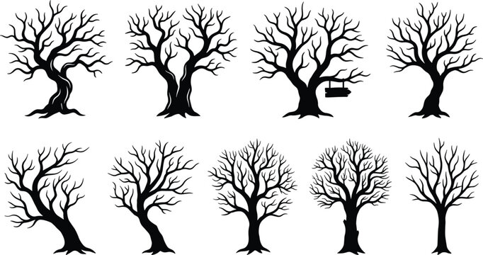 Leafless tree silhouettes with swing collection, barren winter branching canopy vector illustration, botanical nature artwork design graphic - black and white flat vector illustration