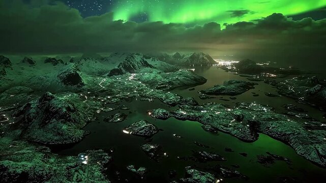 Northern lights over snowy mountains highlighting environmental conservation and serenity