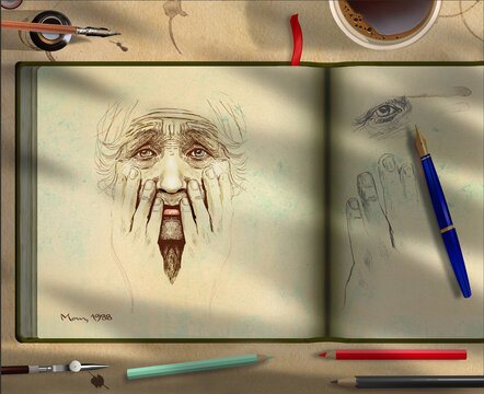 An old man's journal is open to a page he has been working on. It is a drawing from memory of his mother.