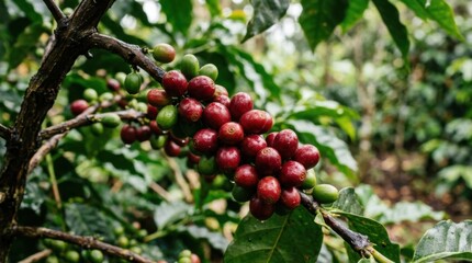 Obraz premium Coffee plant with ripe red coffee cherries growing on the branch.
