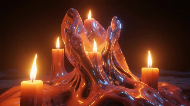 Molten wax sculpture illuminated by flickering candlelight, creating an ethereal glow and an atmosphere of serene mystery and profound contemplation