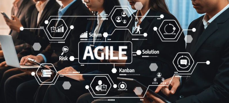 Agile Methodology Concept with Business Professionals in Meeting, Including Key Terms Like Risk, Solution, Scrum, and Kanban for Project Management. Amity