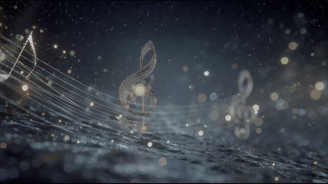 Abstract musical notes floating in a dark, atmospheric background