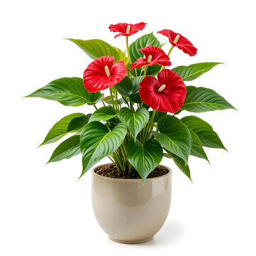 Red Anthurium Plant in a Beige Pot on Icon White Background flamingo flower laceleaf
