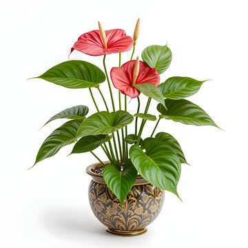 Red Anthurium Plant in Decorative Ceramic Pot on Icon White Background flamingo flower laceleaf isolated on a transparent background