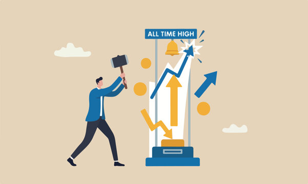 Investment asset, crypto currency or gold price rally concept, businessman investor with hammer hit hard on strength tester to reach it top new high graph.