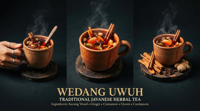 Wedang Uwuh Traditional Javanese Herbal Tea in Wooden Cups.