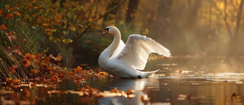 Graceful swan gliding on serene autumn lake at sunrise