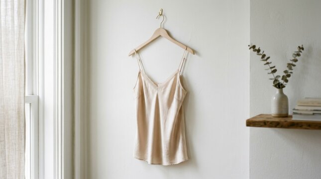 Elegant silk camisole hanging on a wall with a wooden shelf.
