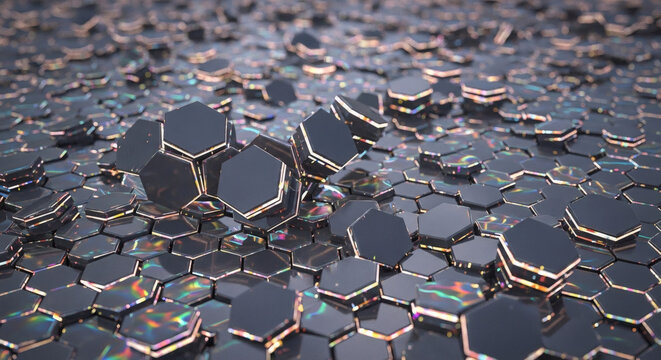 Dynamic abstract background featuring an array of metallic dark hexagons with iridescent gold outlines, symbolizing advanced technology and complex digital networks