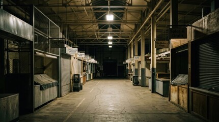 Obraz premium Empty Market Stalls Under Dim Lighting in a Dark Hallway.