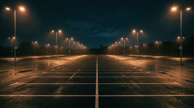 Empty Parking Lot Illuminated by Streetlights at Night.