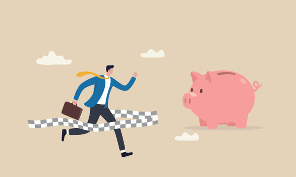 Go extra miles goal bank push more effort to ensure succeed, exceed or beyond expectation, dedication concept, businessman running extra mile from finish line to ensure success