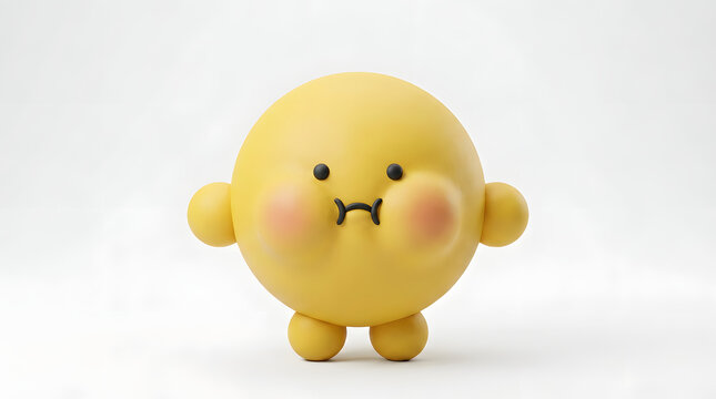 Cute 3D yellow mascot character "Marutan" pouting with puffed cheeks, angry but silly expression, simple spherical body, claymation style, isolated on white background.