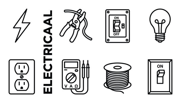 Electrical icons set with lightning bolt, pliers, switch, bulb, outlet, multimeter and wire.