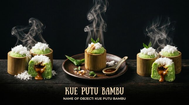Delicious Indonesian Kue Putu Bambu Steaming Dessert with Coconut.