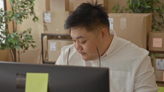 Man removing glasses and rubbing eyes at computer with stacked shipping boxes and plants in building; overwhelm fatigue.
