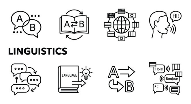 Linguistics concepts and language learning symbols communication and translation study abstract design.