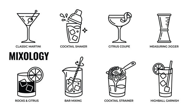 Mixology beverage tools set with classic martini glass cocktail shaker citrus coupe and jigger tool.