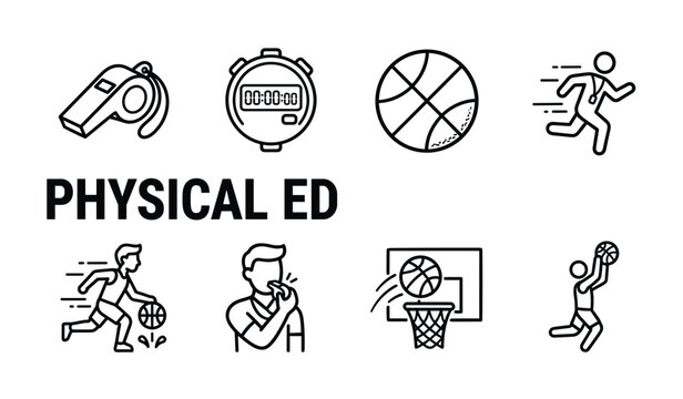 Physical education icons with whistle stopwatch ball and running person vector.