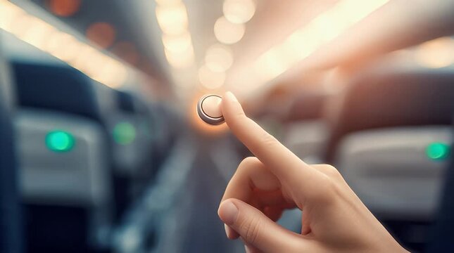 Hand reaching for a futuristic interface button in a blurred car interior symbolizing autonomous driving technology adoption and innovation in transportation design