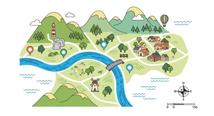 Naklejka premium Colorful illustrated map with river flowing through village and mountains, serene natural scenery for travel and tourism concept