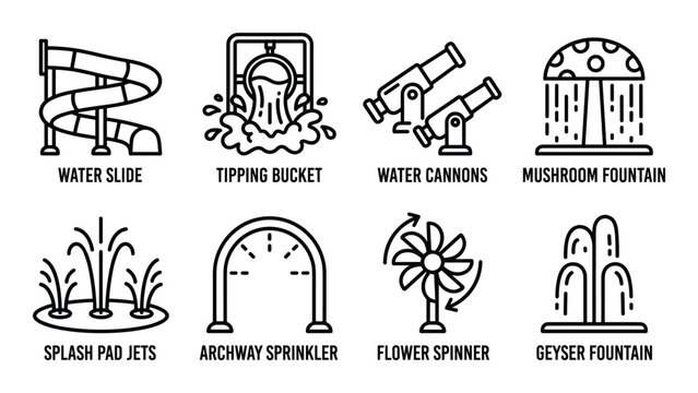 Water park attractions icons set for summer fun wet recreation flat design line art.