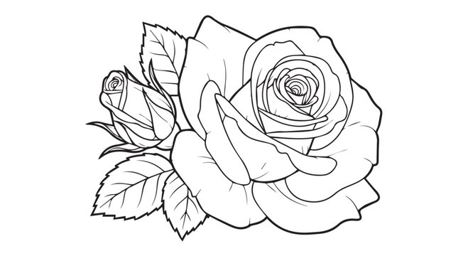 Close-up hand-drawn illustration of a fully bloomed rose with a small bud and leaves line art black and white background single object