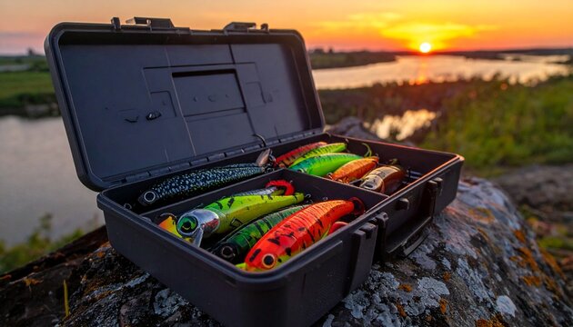 Fishing lures in case at sunset