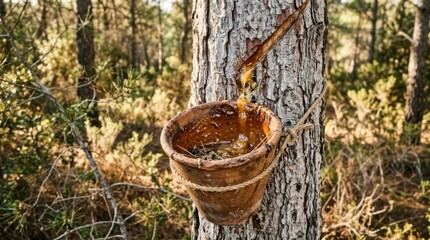 Fototapeta premium Resin Collection Bucket Hanging on a Pine Tree in Forest.