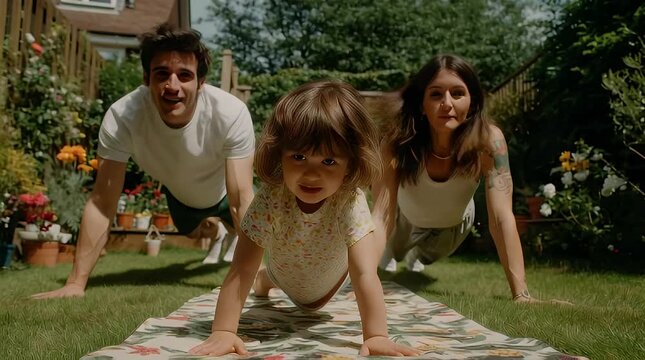 Happy family exercises together in a lush garden parents and young child doing push-ups on a yoga mat promoting healthy lifestyle and outdoor fitness activities