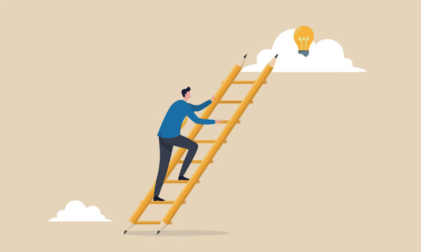 Creative, inspiration imagination to create new innovative work, opportunity or wisdom concept, businessman creative guy climbing ladder built from pencil to upper cloud to find lightbulb idea.