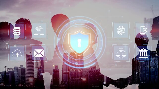 Collaborative Business Partnership with Cybersecurity Concept Highlighting Data Privacy and Digital Security Solutions in Modern Urban Environment Gluon.