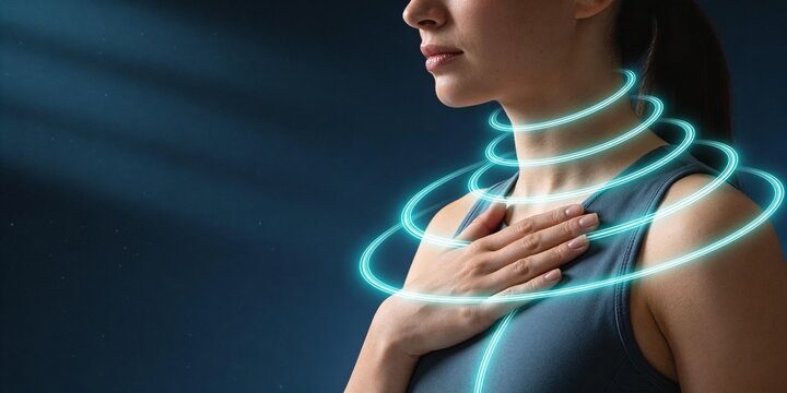 Mindful breathing woman with hand on chest glowing cyan bio light around throat shoulders dark wellness header with copy space