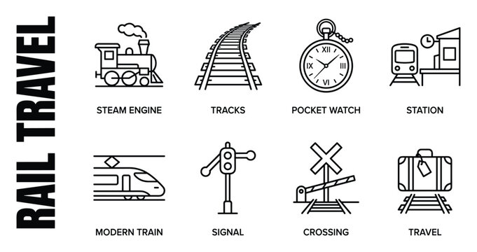 Rail travel steam engine tracks pocket watch station modern train signal crossing luggage.