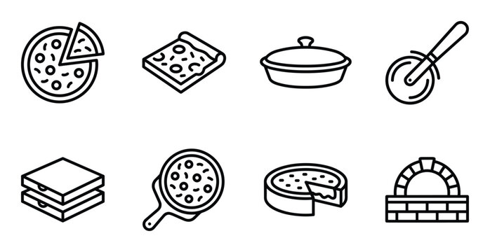 Set of line art icons related to pizza making, serving, and cooking in brick oven with cutter tool.