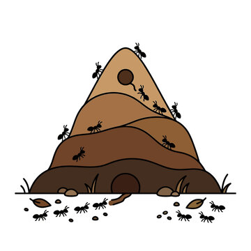 Flat vector icon of an anthill with small ants in clean grid style, simple and minimal.