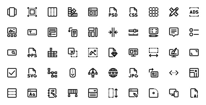 Web design icon set. Vector UI/UX elements collection. Includes symbols for wireframe, responsive layout, buttons, forms, carousel, grid, palette and more. Editable stroke.