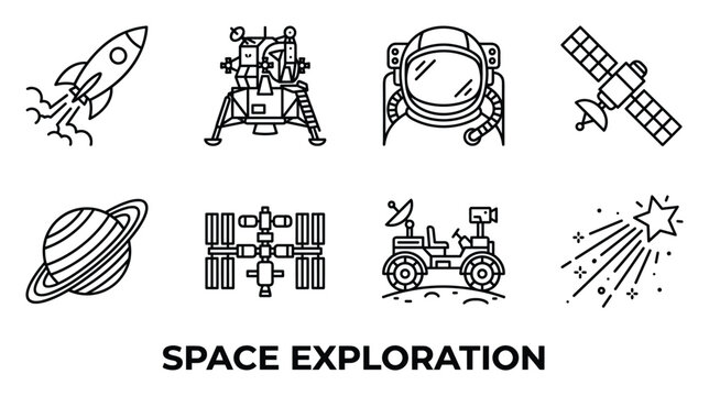 Space exploration theme collection icons vector illustration. Rocket, lander, astronaut, satellite, planet, station.