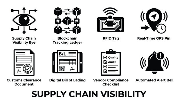 Supply chain visibility icons for tracking logistics management and global commerce operations.