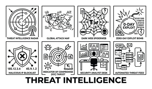 Threat intelligence radar global attack map dark web spiderweb zero day exploit icons.