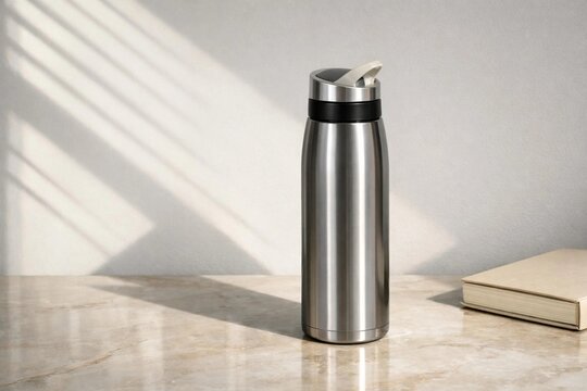 Stainless steel reusable water bottle on a marble surface with books and artistic window light shadows on a neutral wall.