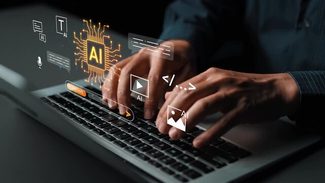 Hands typing on a laptop with glowing AI symbols and elements, representing technology and innovation in artificial intelligence and digital communication Gluon.