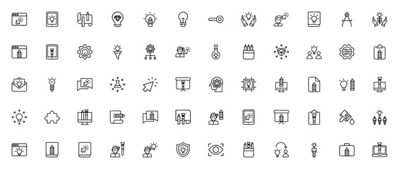 Creativity icon set. Vector illustration pack. Includes symbols for idea, brainstorming, design, growth, presentation, technology and more. Editable stroke. © wang