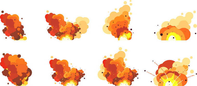 Vector illustration set of explosions and smoke. Flat design effect elements for animation and games.
